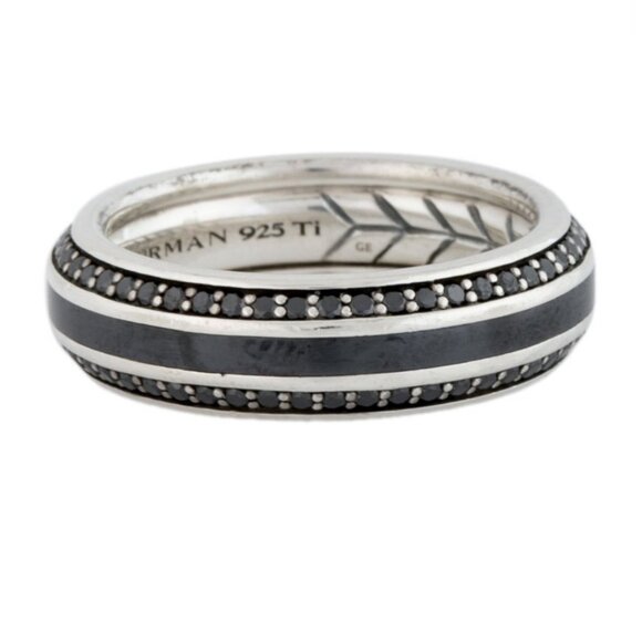 DAVID YURMAN DIAMOND BLACK TITANIUM & STERLING SILVER  BEVELED BAND RING - Picture 1 of 8